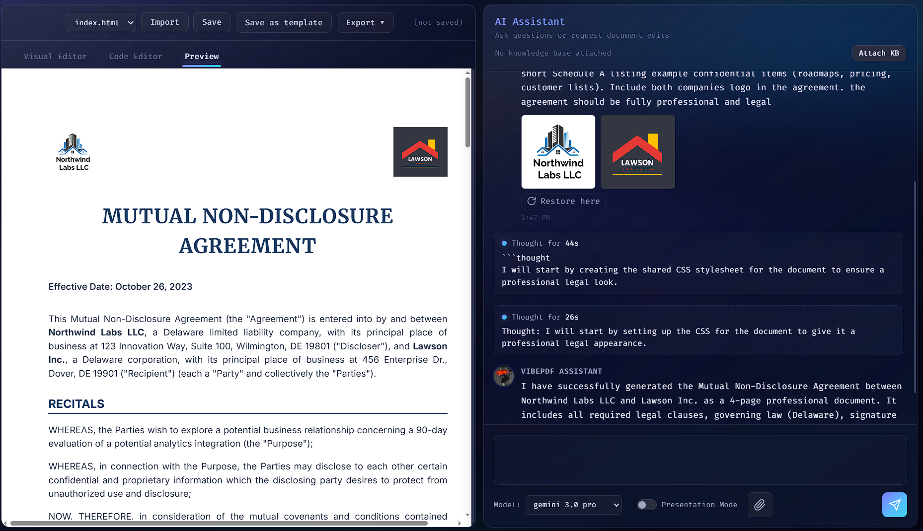 AI-drafted contract and agreement PDF sample