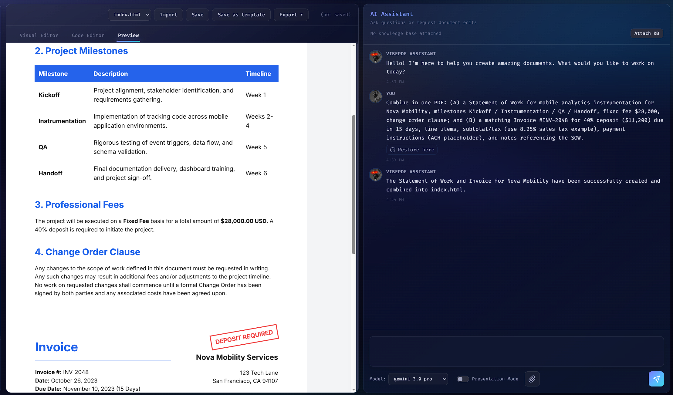 Invoice and statement of work PDF sample created with AI