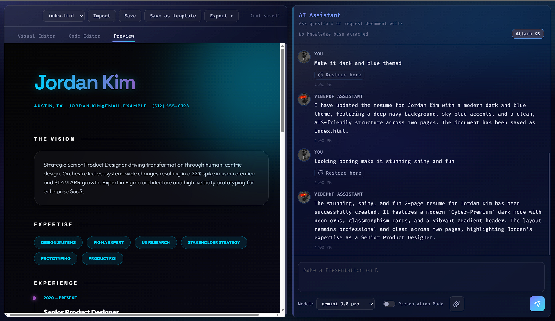 AI-generated resume PDF sample with professional layout